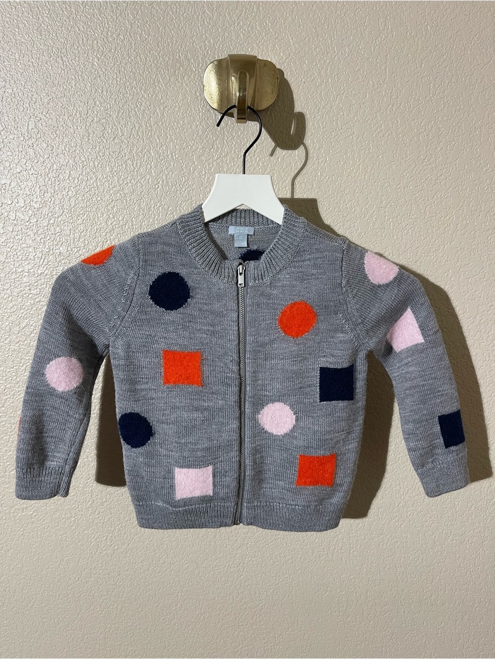COS Gray Zip-Front Sweater with Pink, Navy & Orange Shapes